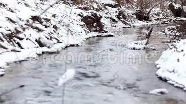 <strong>冰水</strong>在一条快速的泉水小溪里流淌。 水中岩石上的雪